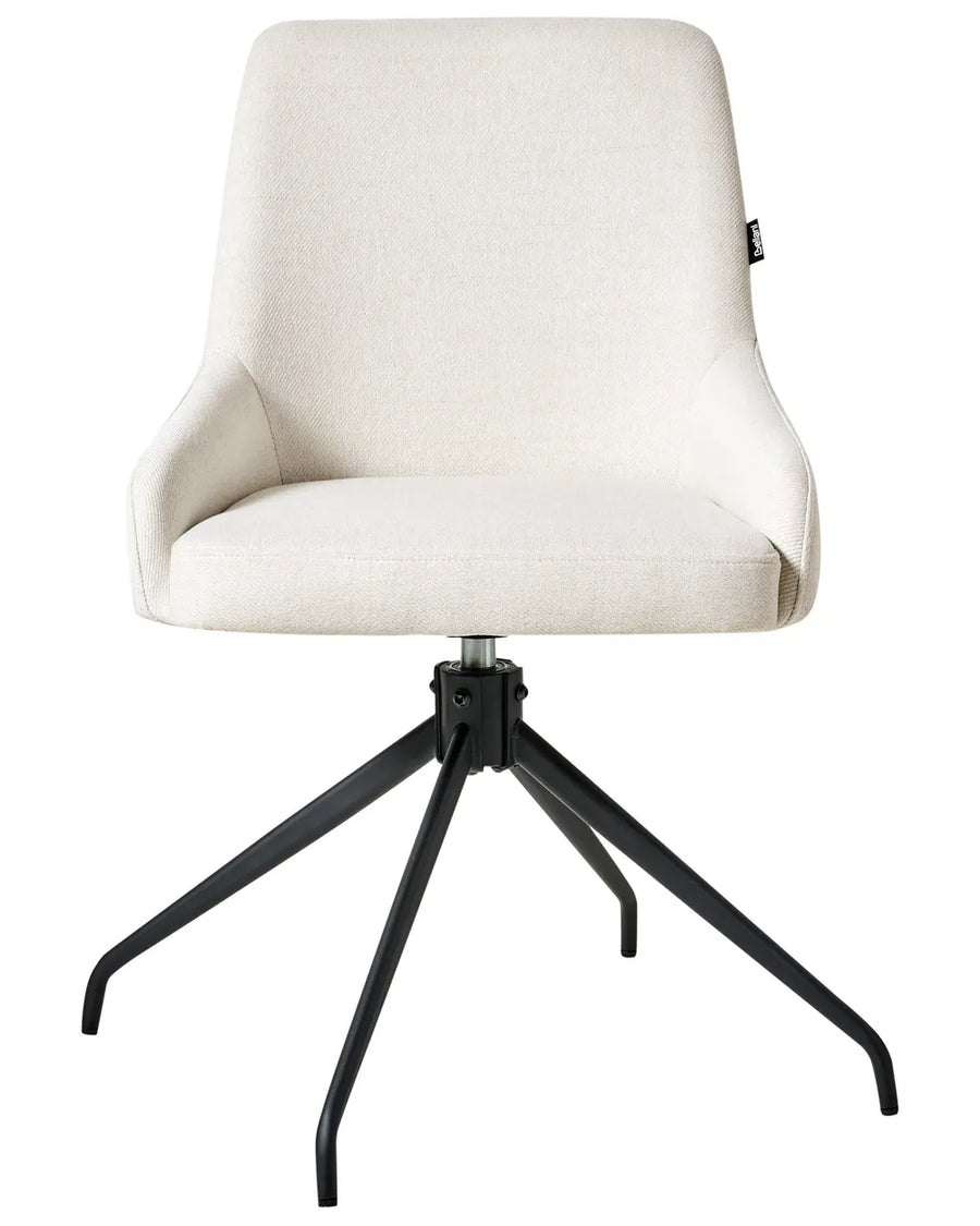 Off-white fabric swivel dining chair with a curved upholstered seat, low armrests, and a round black metal base.