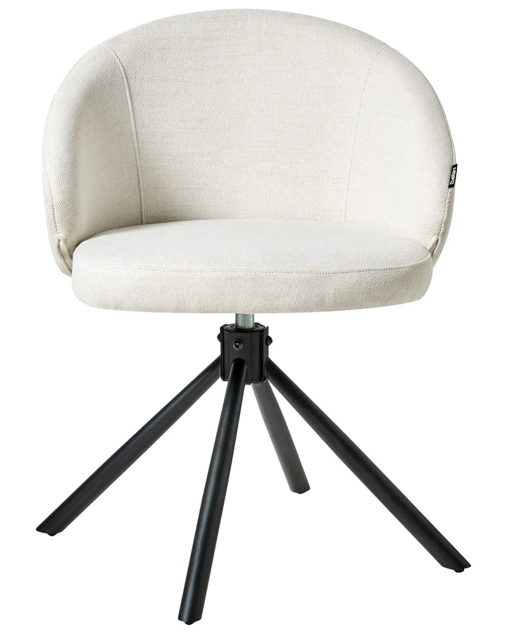 Off-white fabric swivel dining chair with a curved padded backrest and seat, on a round black metal base.
