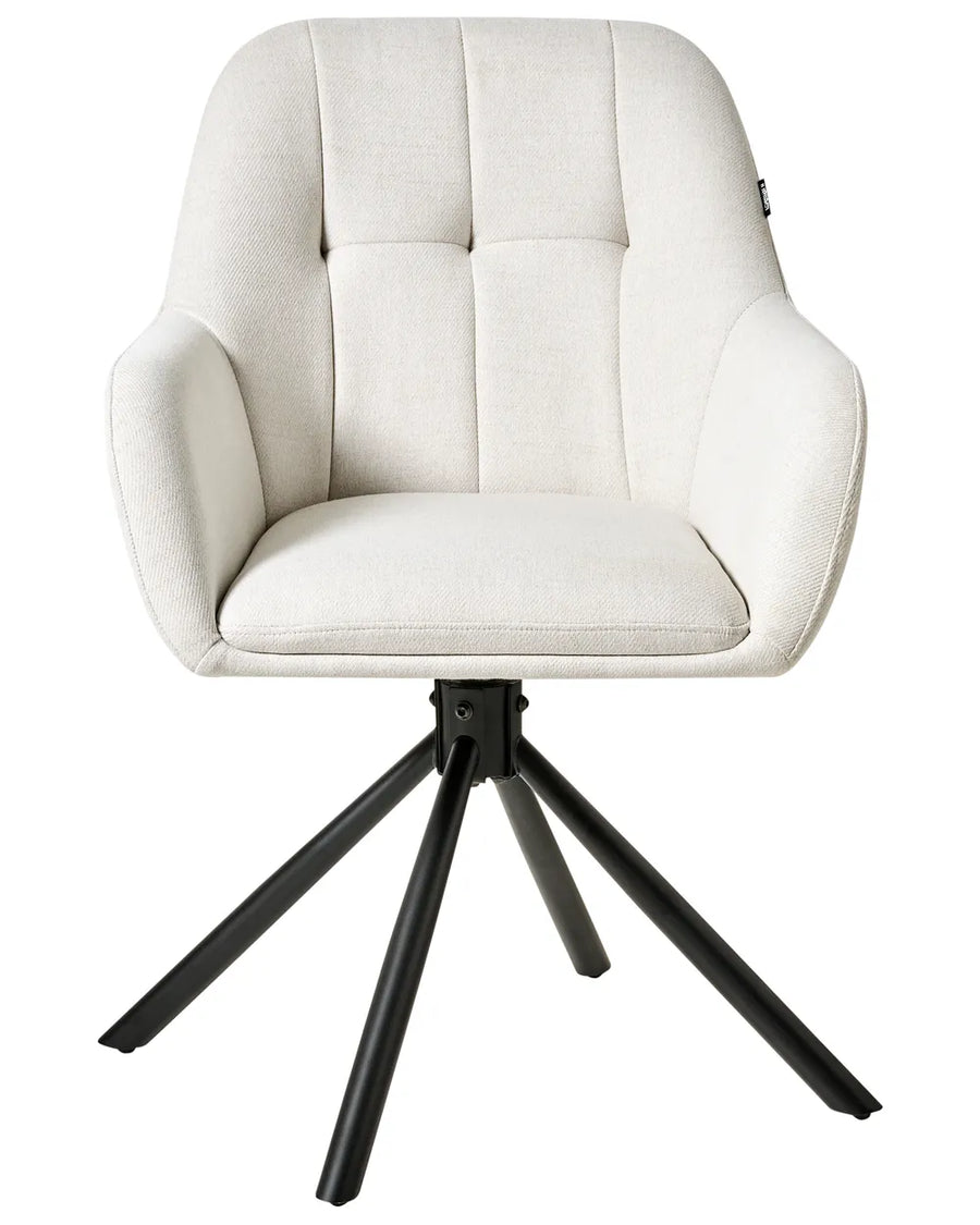 Cream swivel dining chair with padded armrests, stitched backrest, and black metal legs.