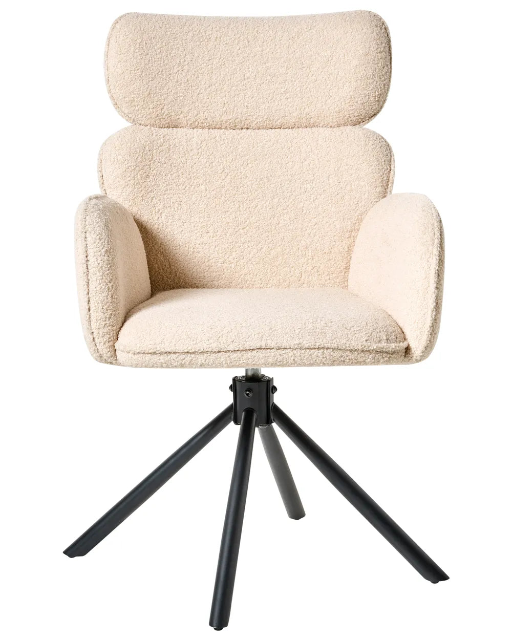 Cream bouclé swivel dining chair with high backrest, armrests, and black metal base.