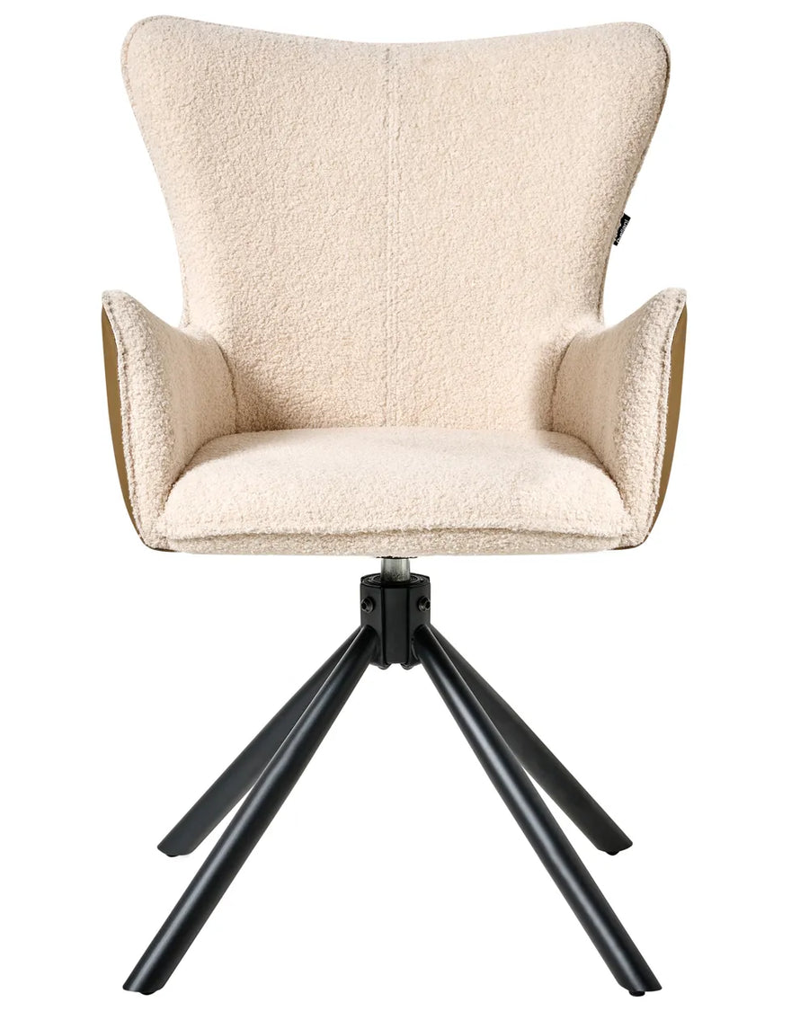 Light beige bouclé swivel dining chair with a tall upholstered backrest, padded seat, integrated armrests, and a round black metal base.