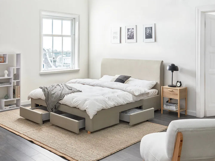 Bed with Storage Drawers Fabric 160 x 200 cm (EU King Size) Beige Kelly