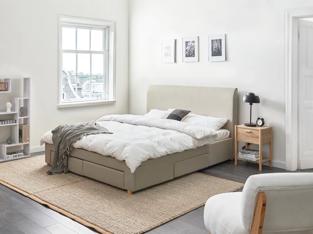 Bed with Storage Drawers Fabric 160 x 200 cm (EU King Size) Beige Kelly