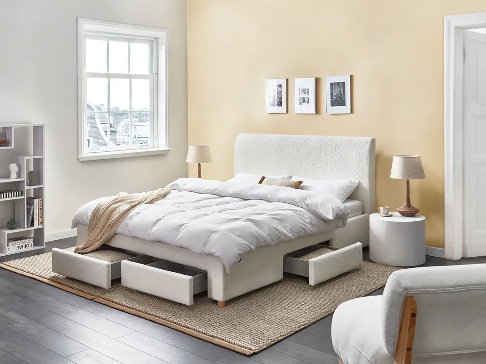 Bed with Storage Drawers Boucle 160 x 200 cm (EU King Size) Off-White Kelly