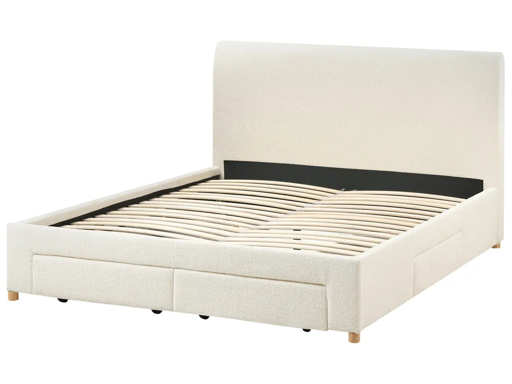 Beige upholstered bed frame with wooden slats on a white background