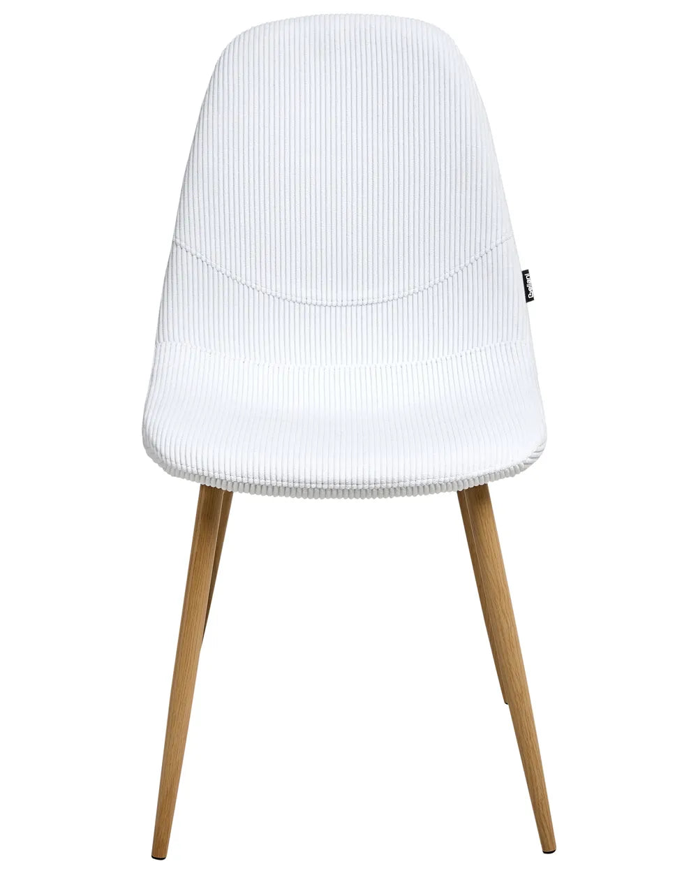 White corduroy dining chair with a gently curved upholstered backrest and padded seat, on slim iron legs with a wood-effect finish.