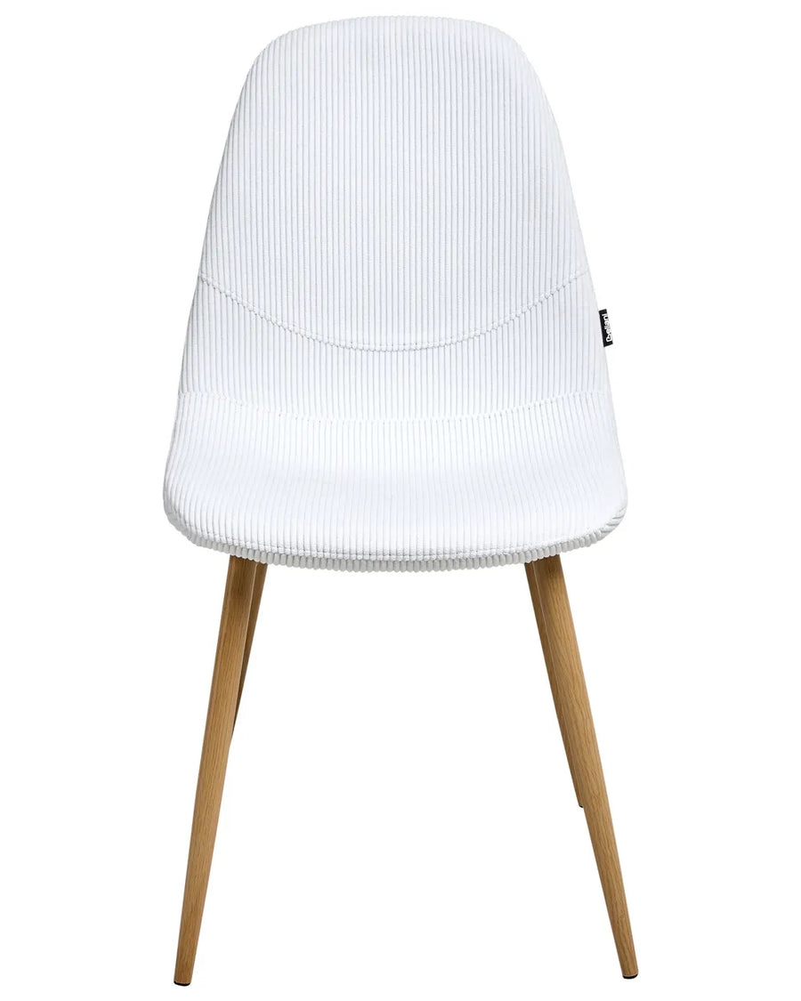 White corduroy dining chair with a gently curved upholstered backrest and padded seat, on slim iron legs with a wood-effect finish.