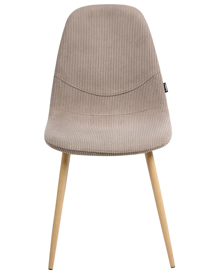 Taupe corduroy dining chair with a gently curved upholstered backrest and padded seat, on slim iron legs with a wood-effect finish.