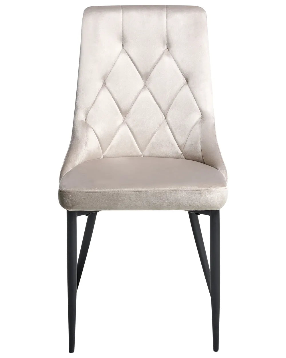 Light grey velvet dining chair with diamond-tufted stitching and sleek black metal legs.