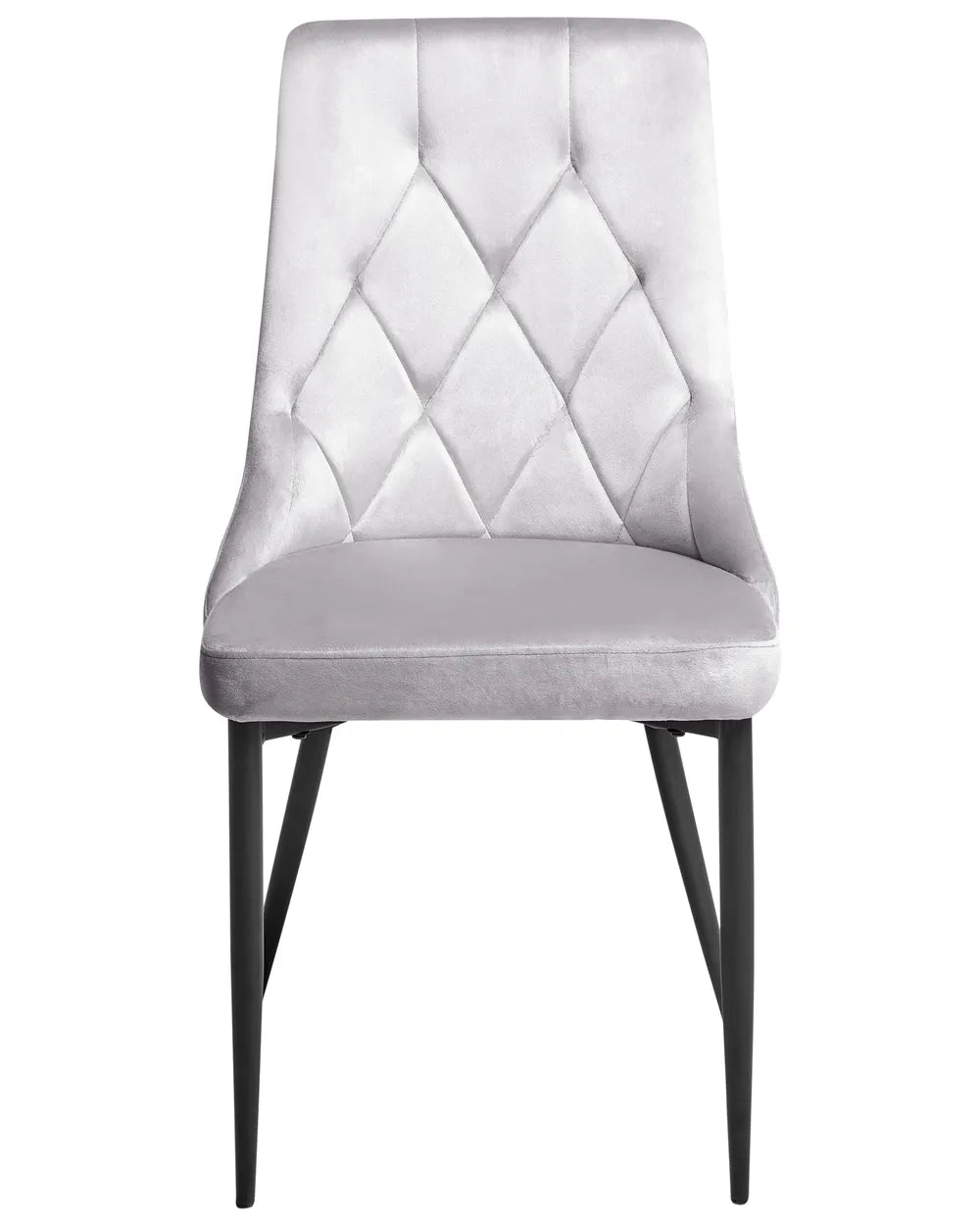 Light grey velvet dining chair with diamond-tufted detailing and slim black metal legs.