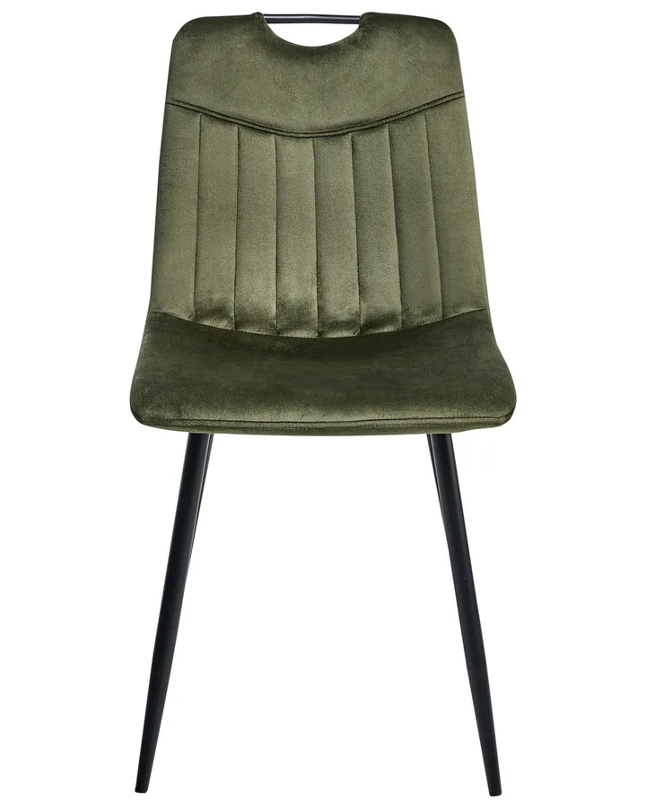 Dark green velvet dining chair with a tufted upholstered backrest and padded seat, on slender black metal legs.