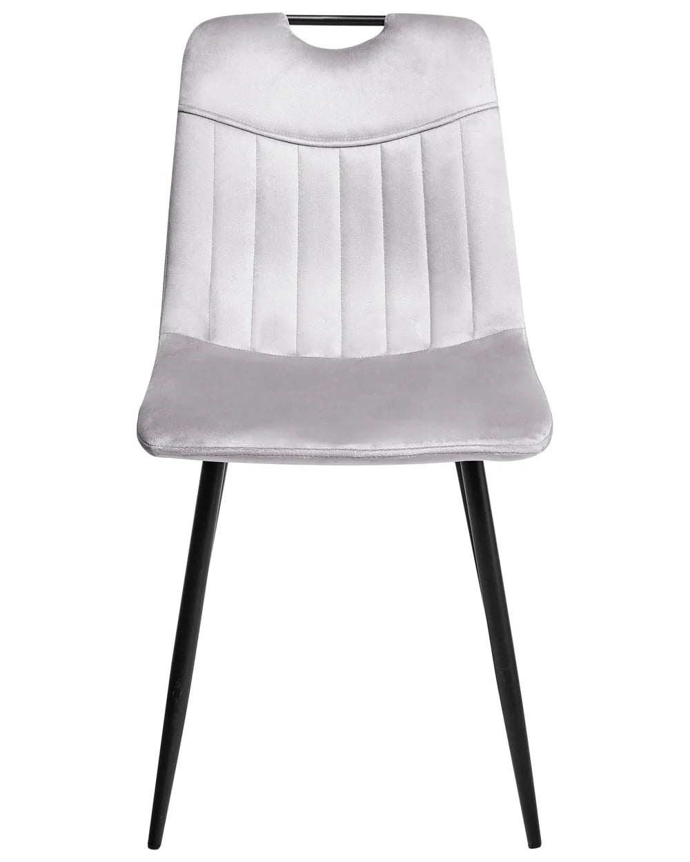 Light grey velvet dining chair with a tufted upholstered backrest and padded seat, on slender black metal legs.