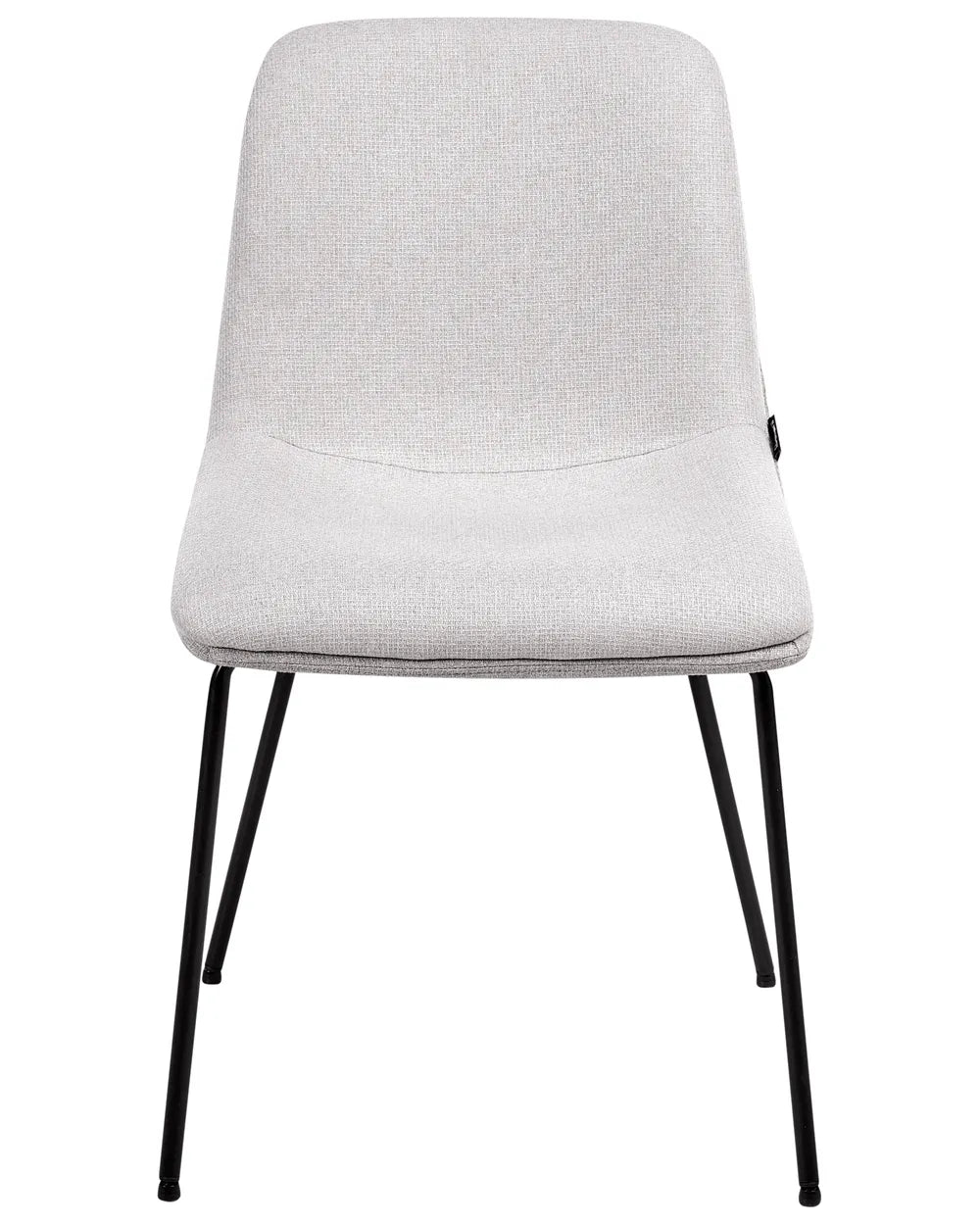 Light grey upholstered dining chair with a padded seat and slim black metal legs.