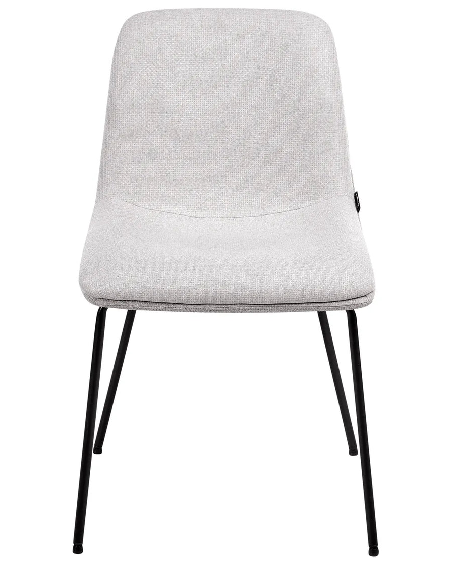 Light grey upholstered dining chair with a padded seat and slim black metal legs.