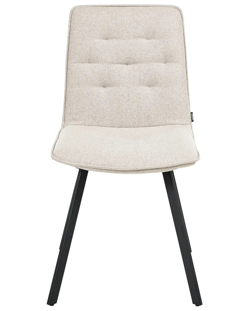 Light beige upholstered dining chair with subtle tufted detailing and black metal legs.