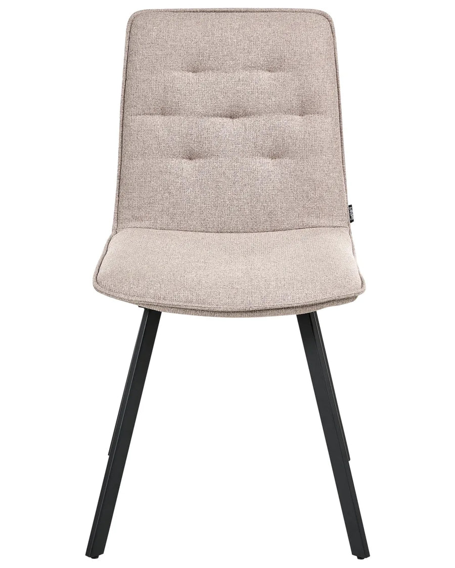 Taupe upholstered dining chair with button-tufted detailing and black metal legs.