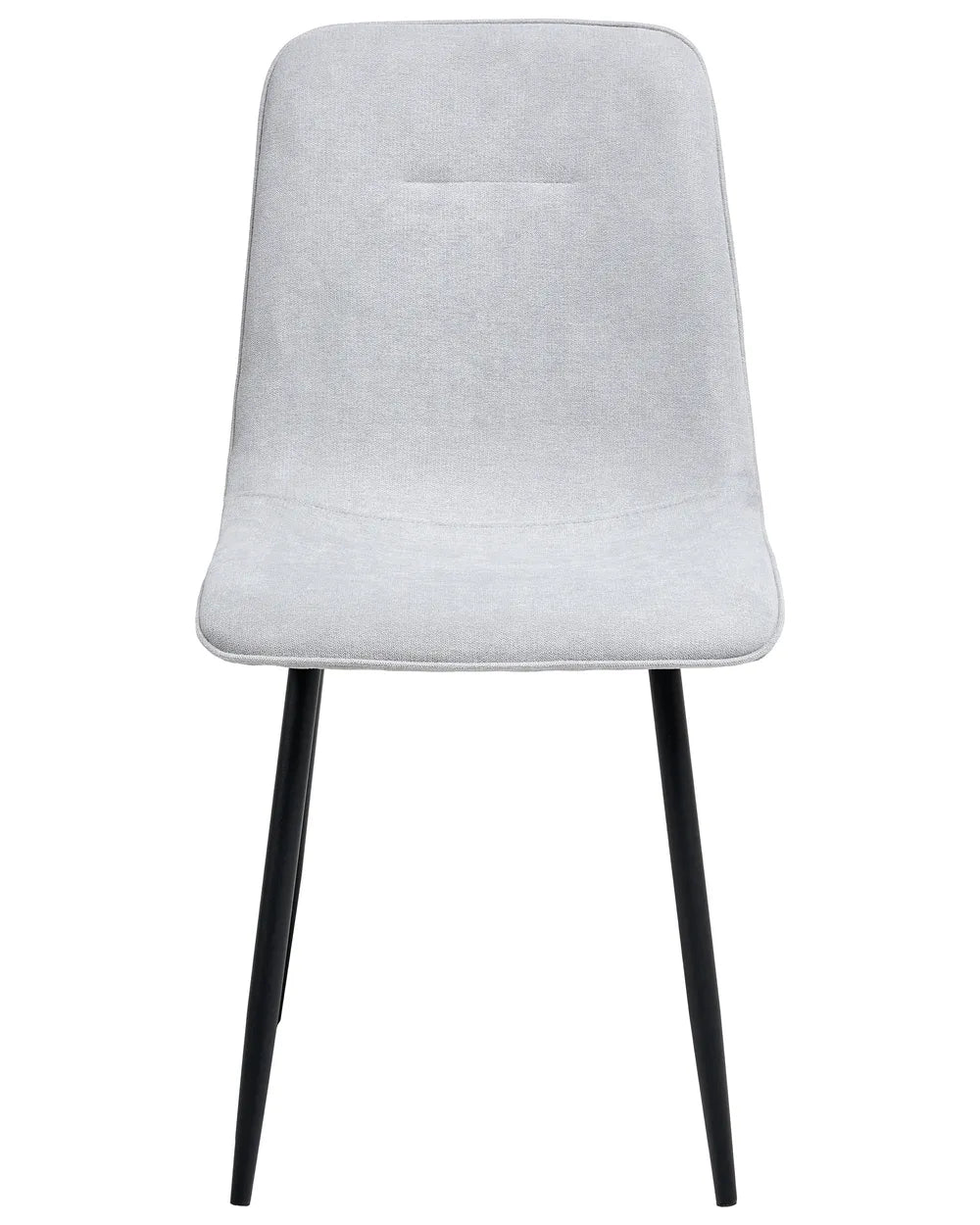Light grey upholstered dining chair with a clean, minimalist silhouette, cushioned seat, and slim black metal legs.