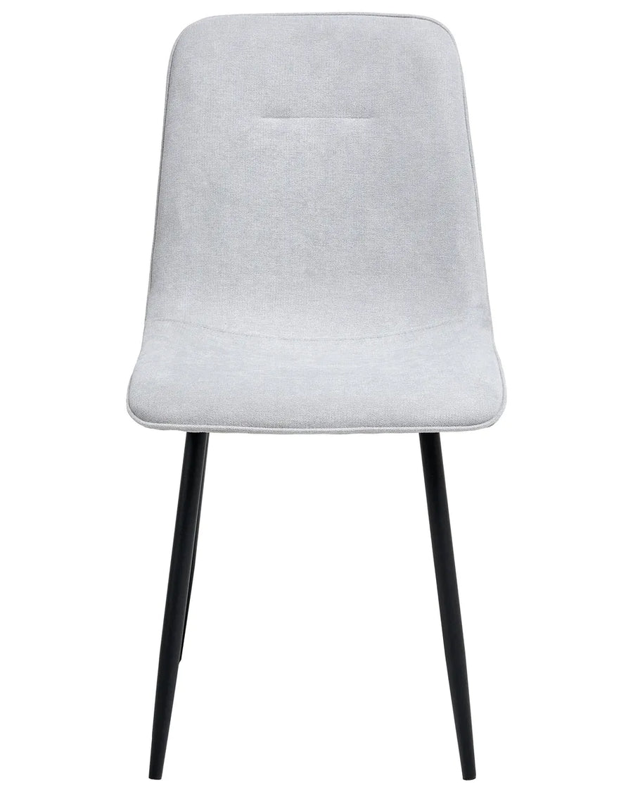 Light grey upholstered dining chair with a clean, minimalist silhouette, cushioned seat, and slim black metal legs.