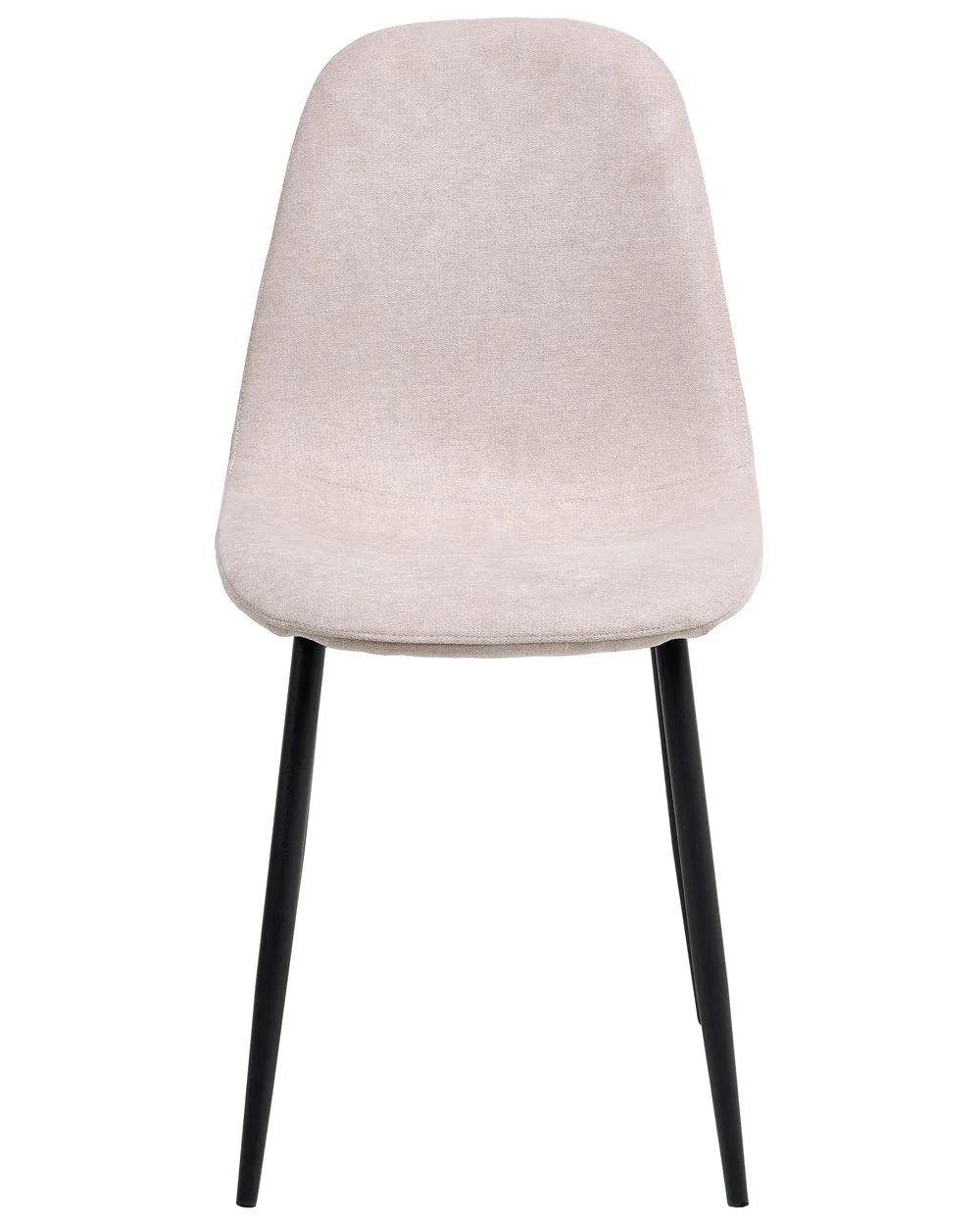 Beige upholstered dining chair with a gently curved backrest, padded seat, and slim black metal legs, offering a sleek, contemporary look with lasting comfort.