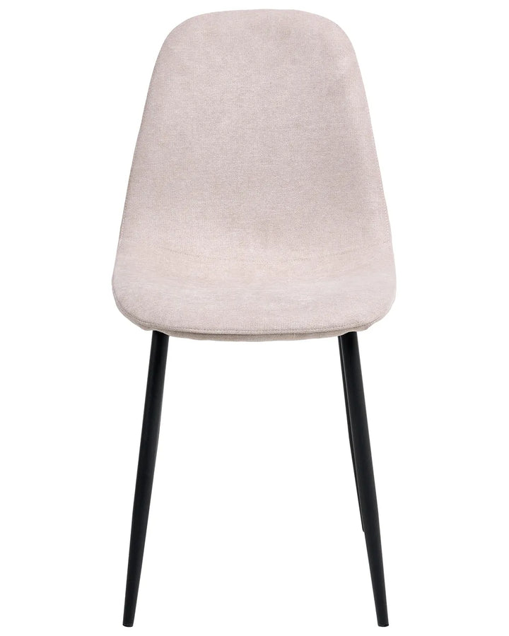 Beige upholstered dining chair with a gently curved backrest, padded seat, and slim black metal legs, offering a sleek, contemporary look with lasting comfort.