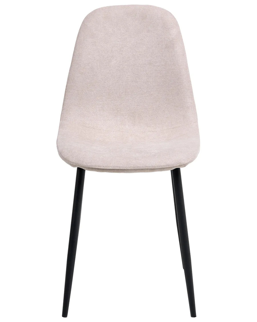 Beige upholstered dining chair with a gently curved backrest, padded seat, and slim black metal legs, offering a sleek, contemporary look with lasting comfort.