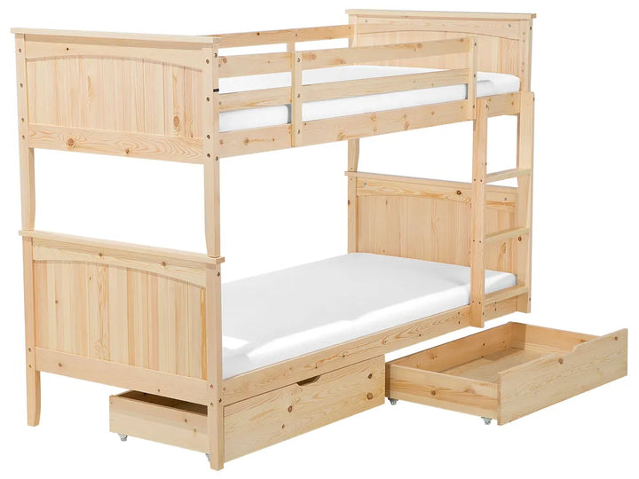Wooden bunk bed with pull-out drawers on a white background