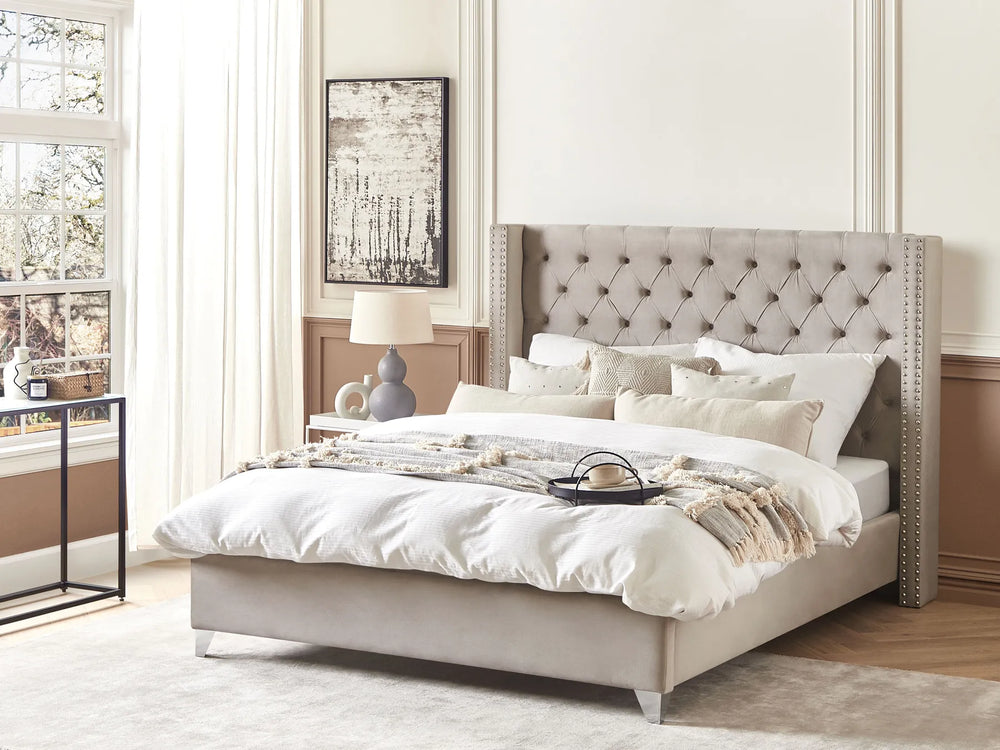 Light grey velvet upholstered bed frame