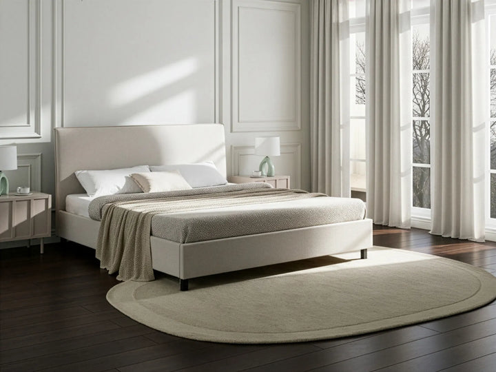 Upholstered beige bed with padded headboard 180x200 cm