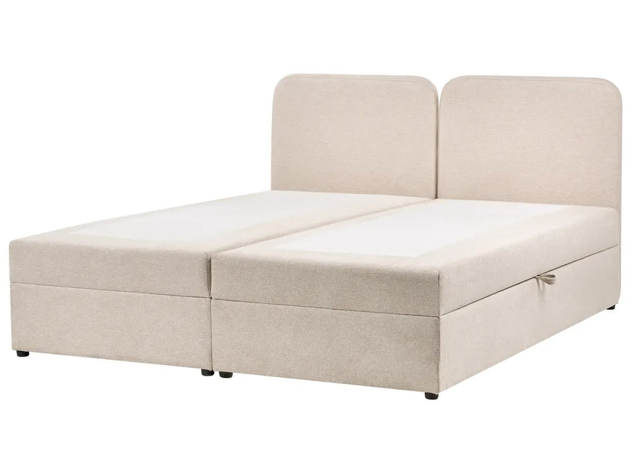Beige upholstered bed with storage drawers on a white background