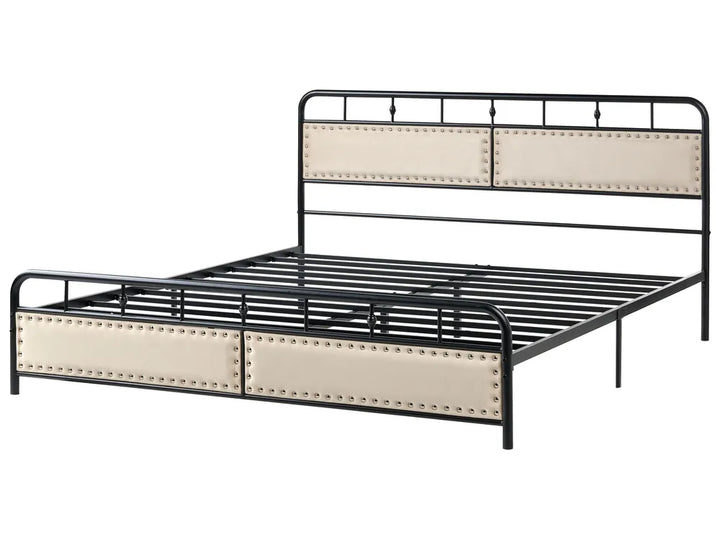 Industrial black metal bed with fabric inserts and studs