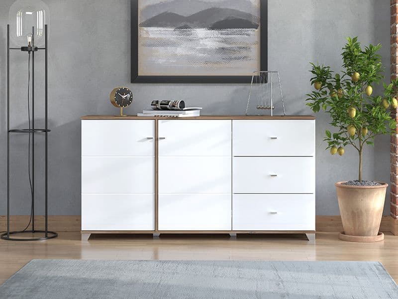 Modern white gloss sideboard with oak top and internal storage