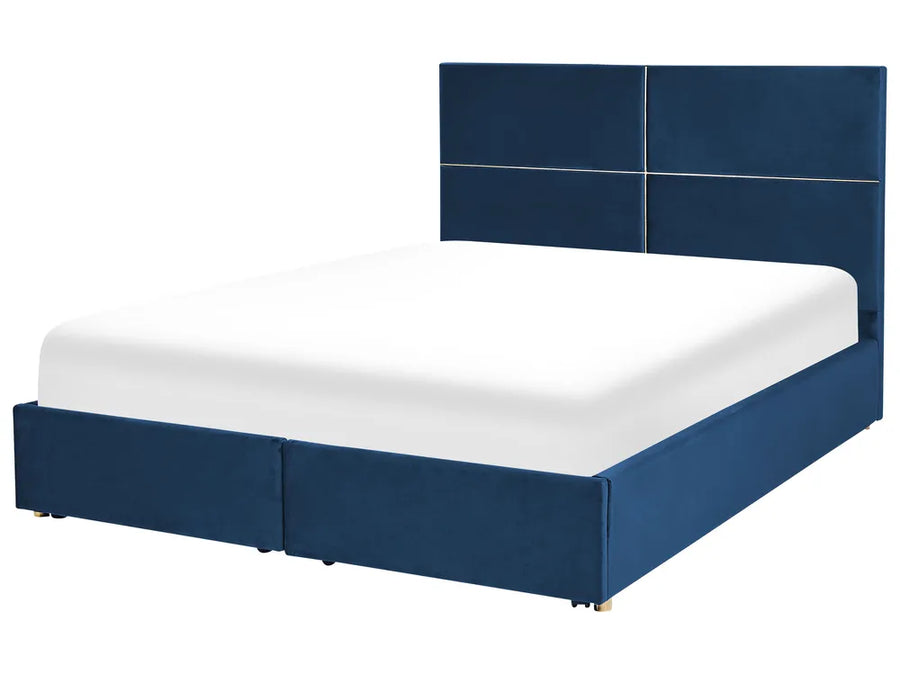 Navy blue velvet ottoman bed with drawers and gold details