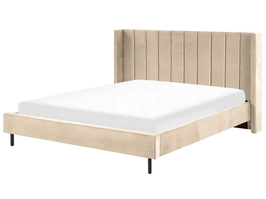 Wooden bed frame with a white mattress on a white background