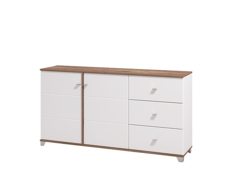 White dresser with wooden top on a white background