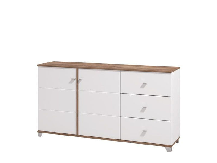 White dresser with wooden top on a white background