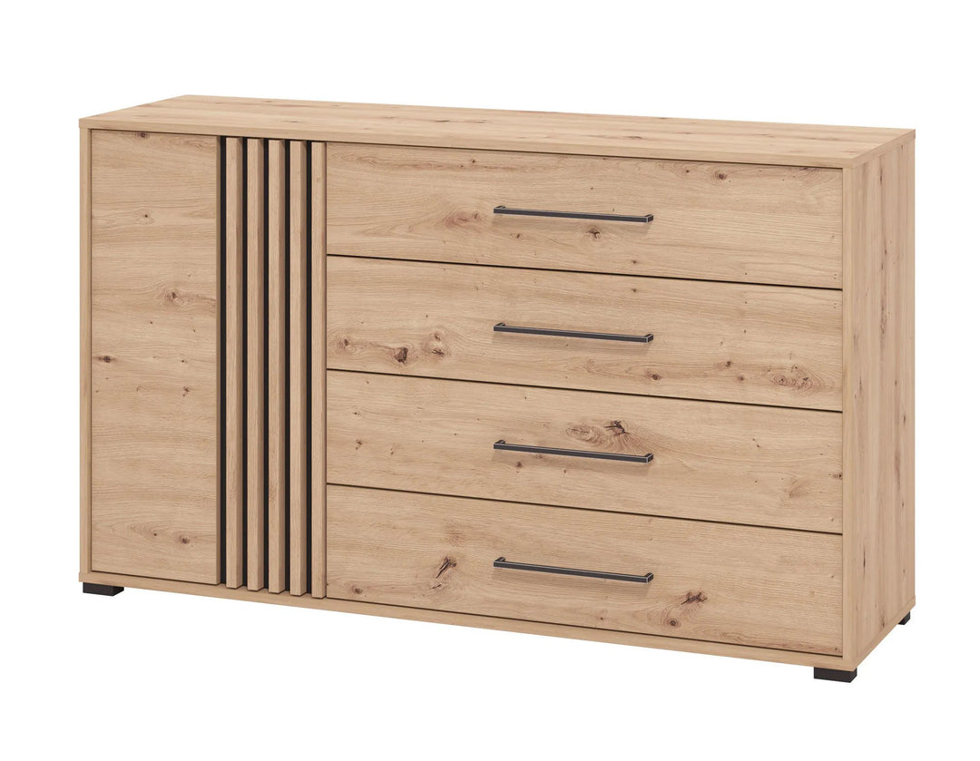 Wooden dresser with drawers and a sliding door on a white background