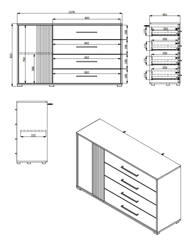 Technical drawing of a cabinet with dimensions