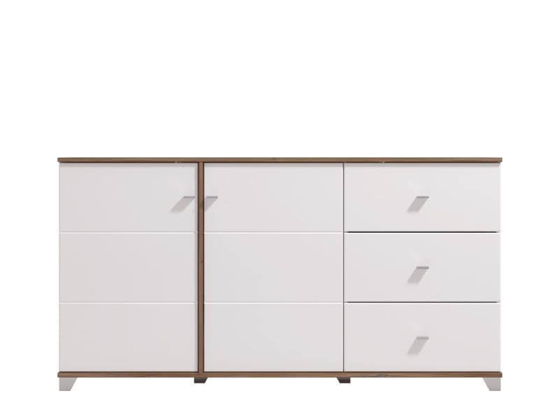 White dresser with brown accents on a white background