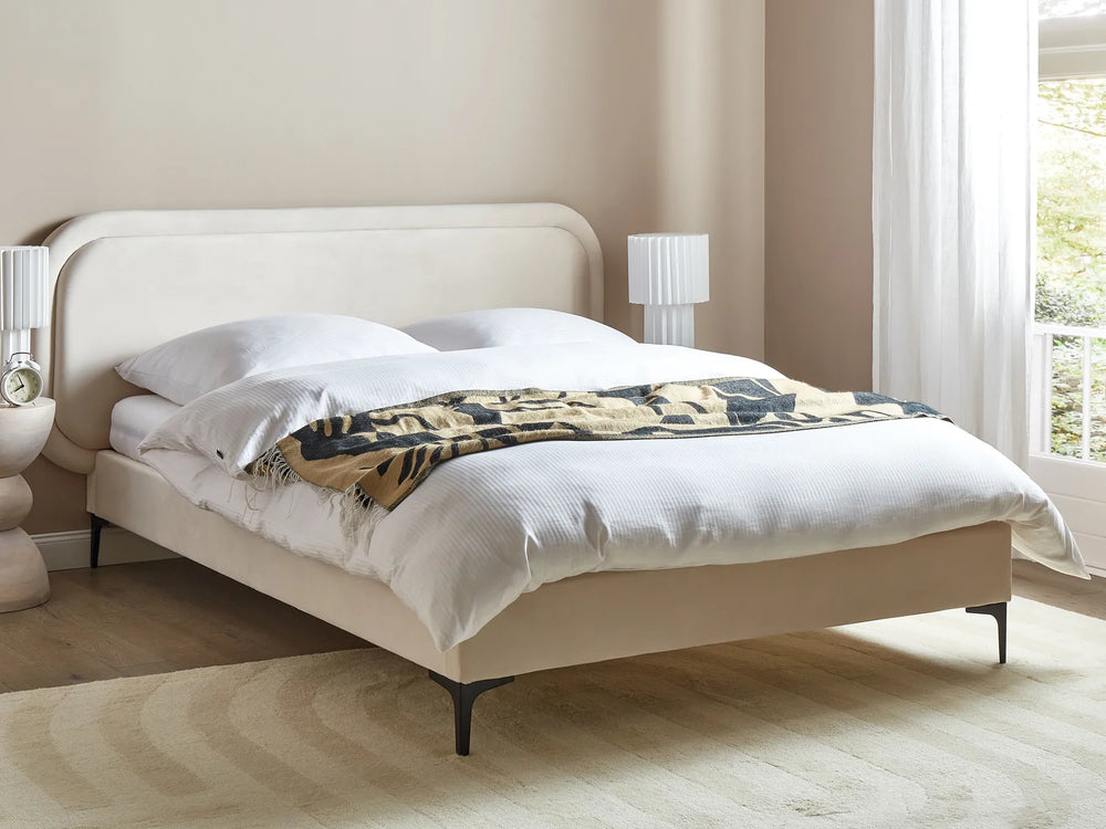 Velvet upholstered bed 180x200 cm with padded headboard beige