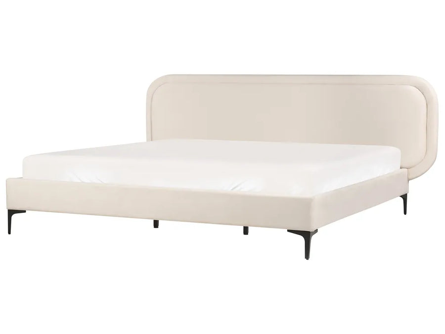 Light beige velvet super king bed with tufted headboard