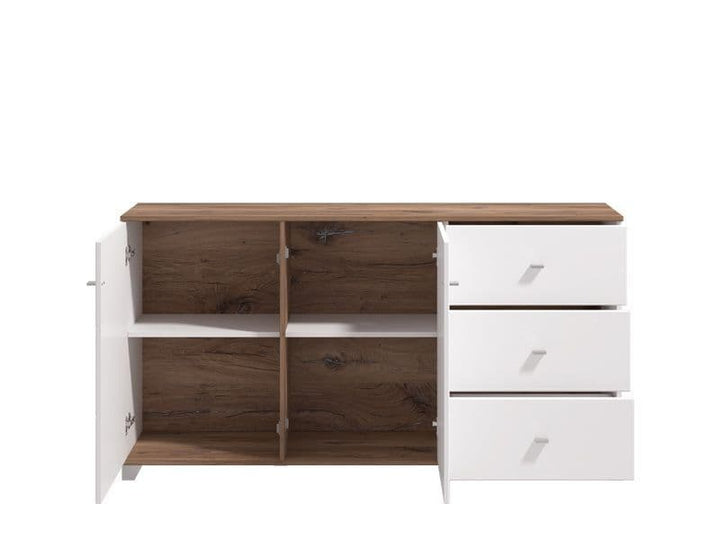 Wooden cabinet with white drawers on a white background
