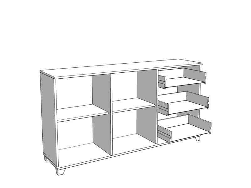 Line drawing of a modern entertainment console with shelves and drawers on a white background