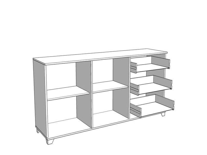 Line drawing of a modern entertainment console with shelves and drawers on a white background