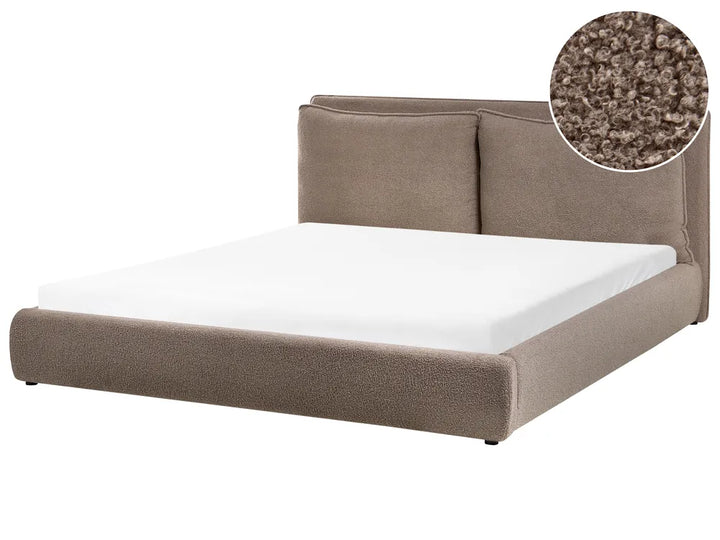 Brown upholstered bed with a close-up of the fabric texture on a white background