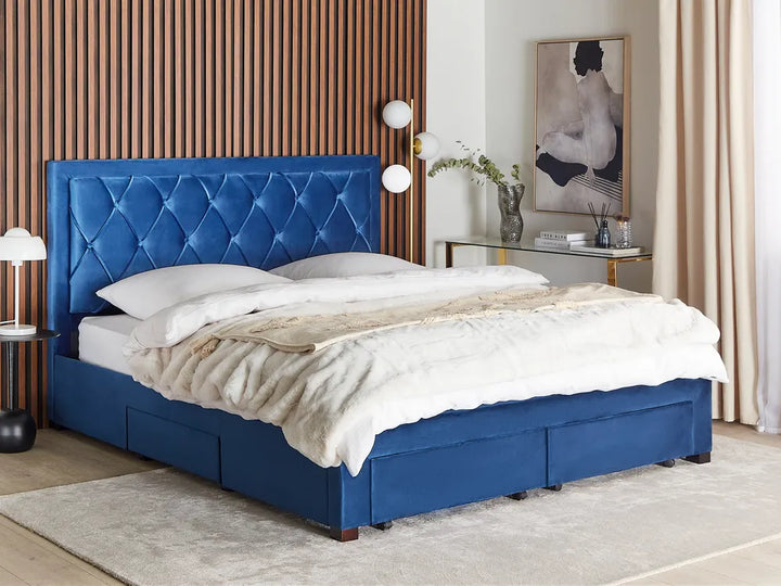 Bed with Storage Drawers Velvet 180 x 200 cm (EU Super King) Navy Blue Klea