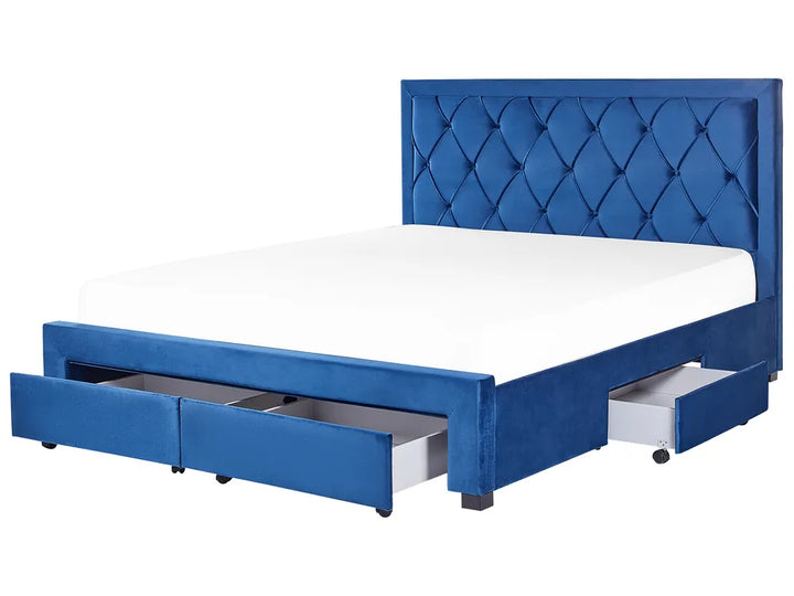 Blue upholstered bed with tufted headboard and storage drawers on a white background
