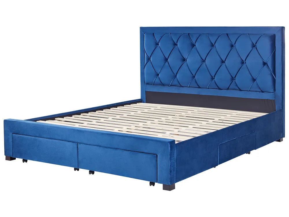 Bed with Storage Drawers Velvet 180 x 200 cm (EU Super King) Navy Blue Klea