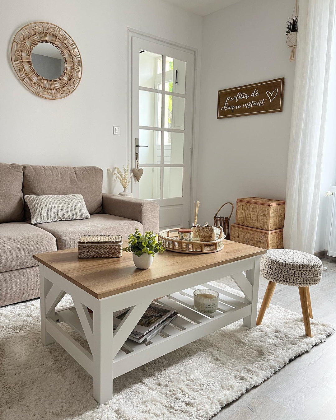 Amethy Coffee Table with Shelf White and Light Wood