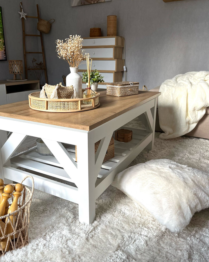 Amethy Coffee Table with Shelf White and Light Wood