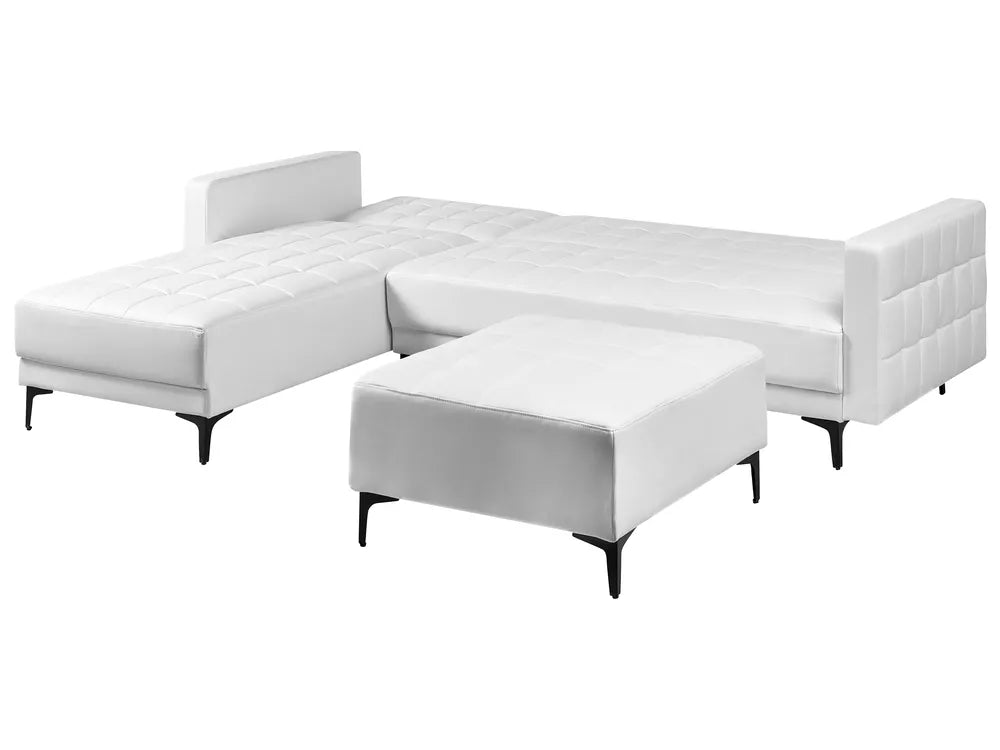 Modular Corner Sofa Bed 4 Seater Faux Leather White with Ottoman Right Hand Denby